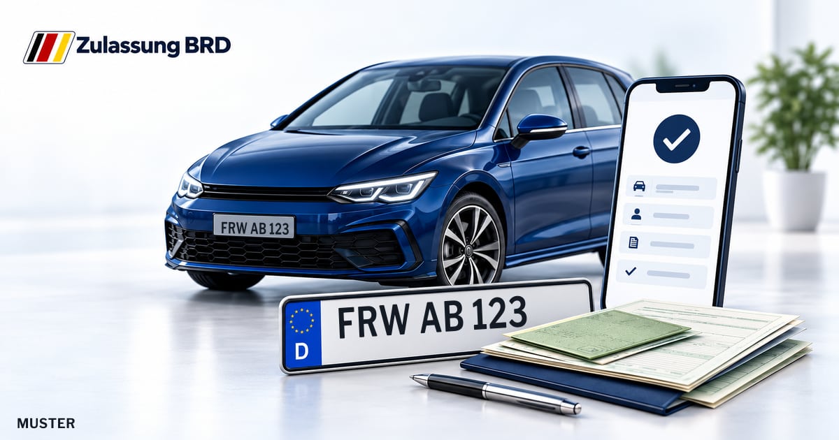 Online Fahrzeugzulassung in Neuenhagen bei Berlin: Musterkennzeichen FRW AB 123, Auto und Fahrzeugpapiere und Smartphone. Illustration mit Logo von Zulassung BRD.